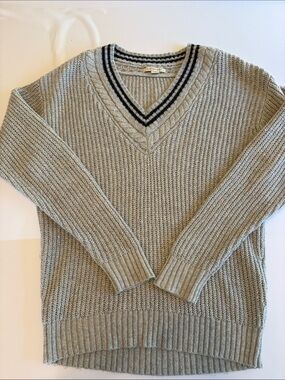 American Eagle Outfitters Light Gray V-Neck Sweater with Navy Stripe